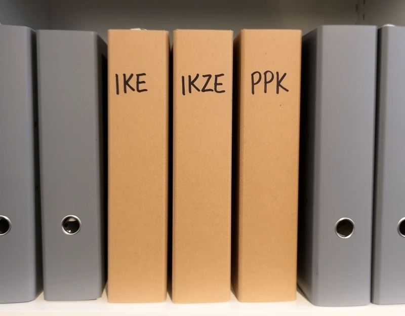 Trzy papierowe teczki z odręcznymi etykietami IKE, IKZE i PPK stojące na półce z segregatorami