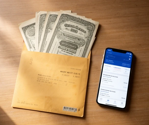 Stara koperta z papierowymi obligacjami obok telefonu z aplikacją banku