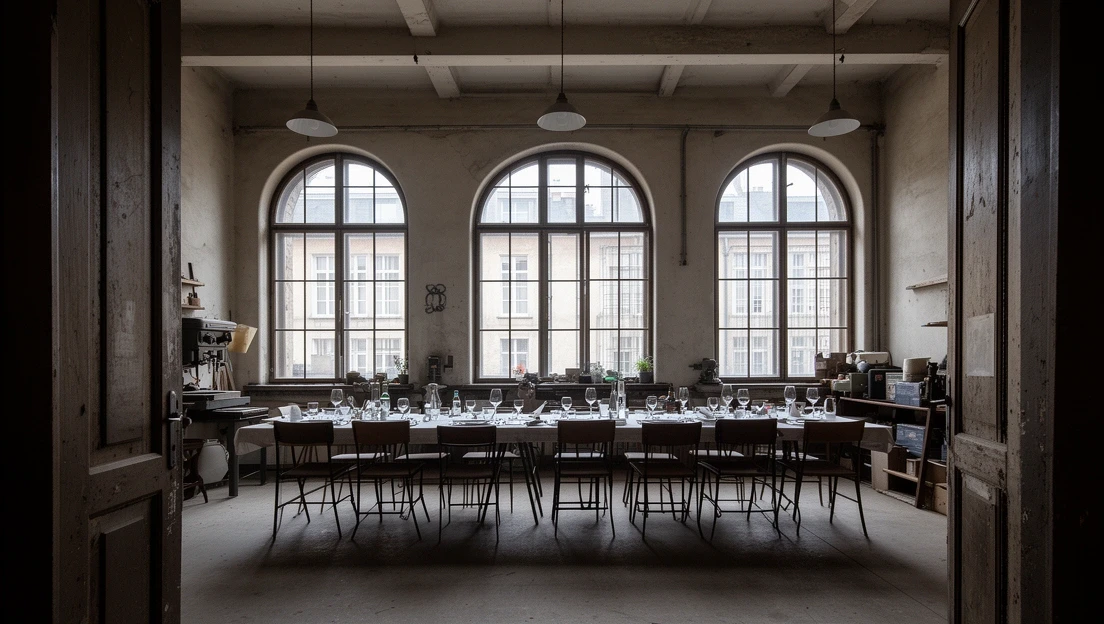Sala warsztatowa na parterze kamienicy z dużymi oknami i stołem na dwanaście osób